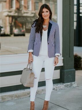J. Crew Navy and White Gingham Blazer with Navy Trim